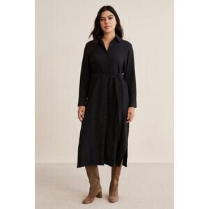 Banana Republic Linen Belted Shirt Dress Black Button Front Midi Long Sleeve | M